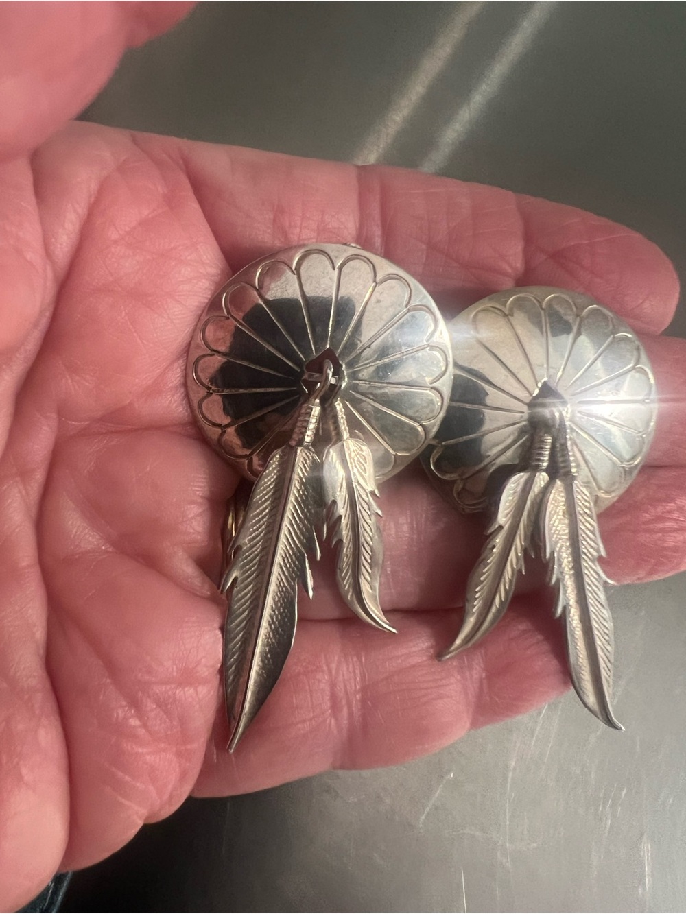 Sterling Silver Feather Concho post Earrings - Picture 2 of 5